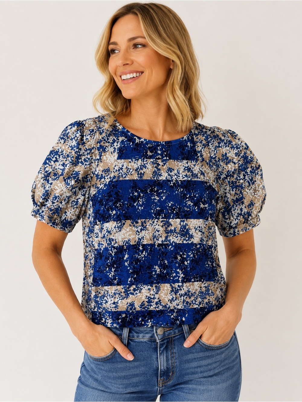 9-H15 STCL Womens Blue White Floral Puff Sleeve Blouse Top Size Medium